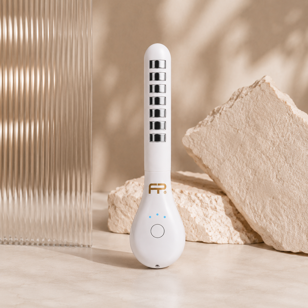 FemiPro device styled with travertine stones